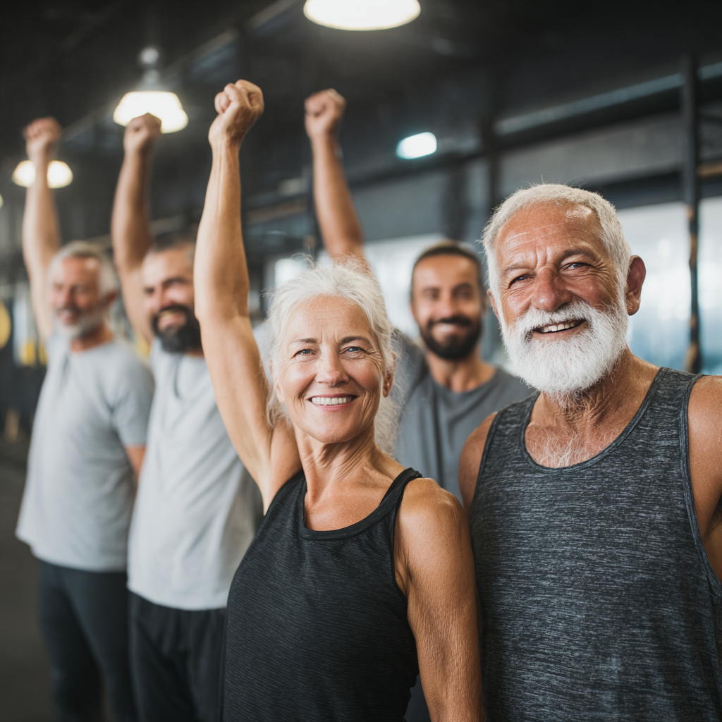 Mature adults celebrating fitness achievements in group training session