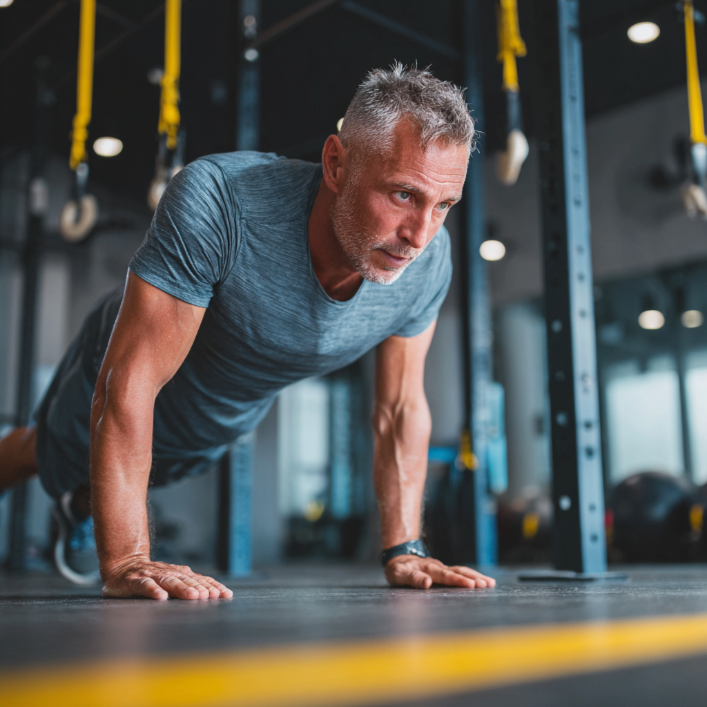 Middle-aged athlete performing functional strength training in modern gym environment